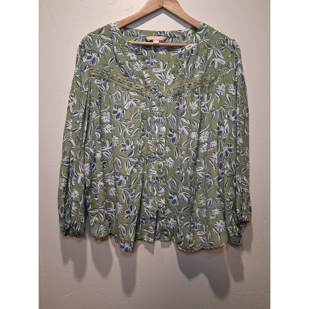 Hope & Harlow Womens Sz 2X Green Floral V-neck Long Slv Blouse Lace Trim Peasant
